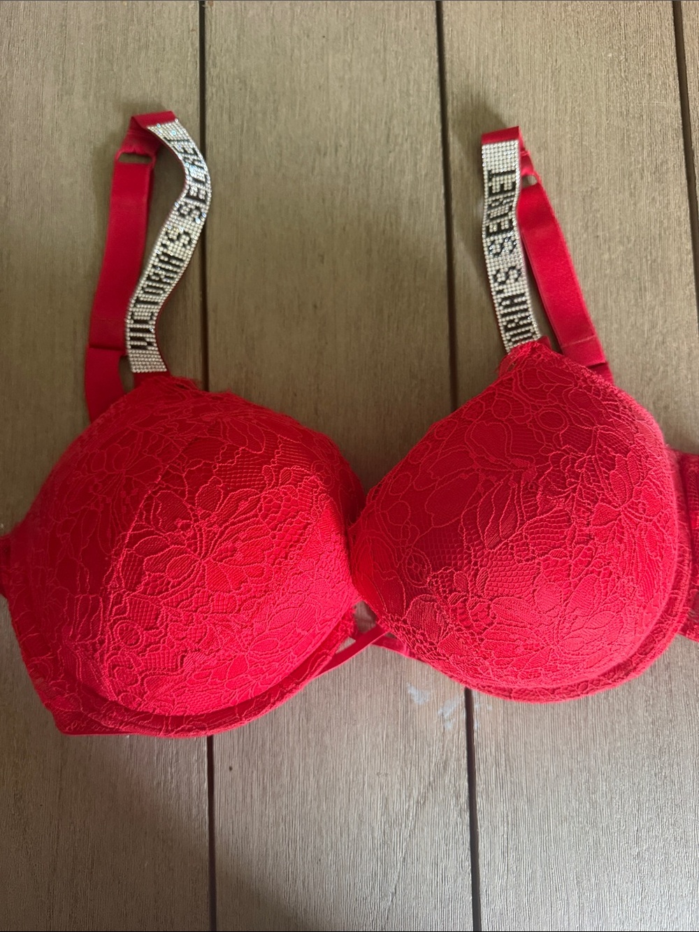 Victoria's Secret Red Lace Push-Up Bra with Rhinestone Logo Straps